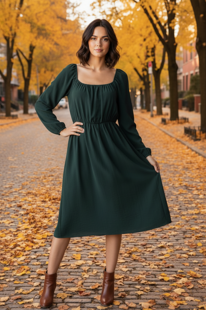 SQUARE NECK PUFF LONG SLEEVE SHIRRING DETAIL MINI DRESS HMED6856