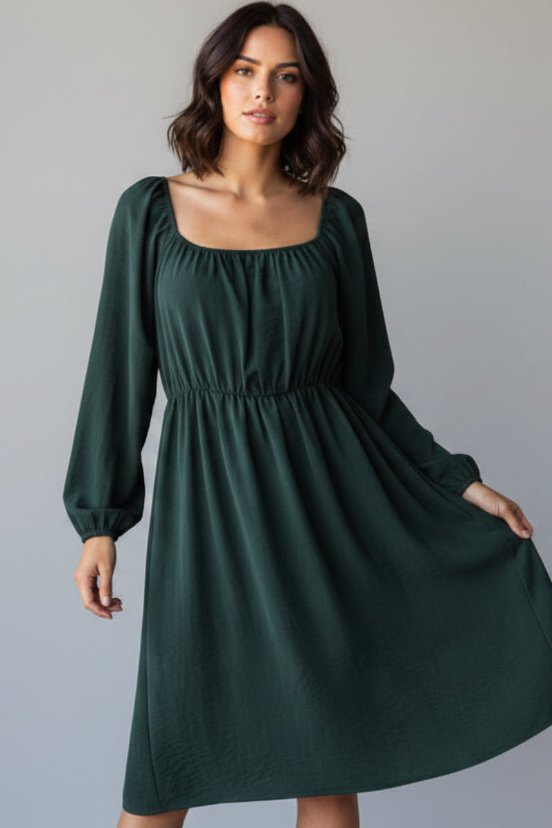 SQUARE NECK PUFF LONG SLEEVE SHIRRING DETAIL MINI DRESS HMED6856