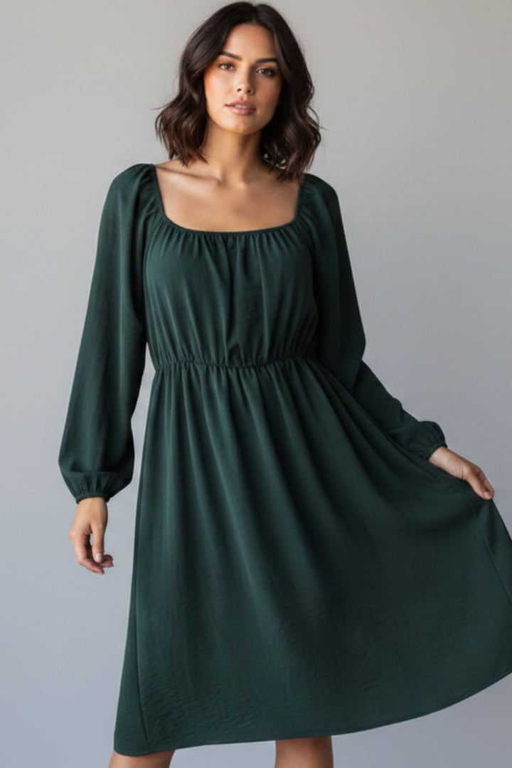 SQUARE NECK PUFF LONG SLEEVE SHIRRING DETAIL MINI DRESS HMED6856