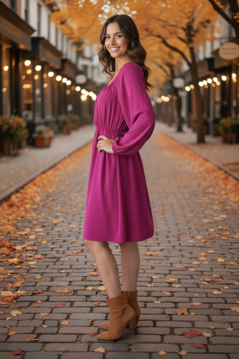 SQUARE NECK PUFF LONG SLEEVE SHIRRING DETAIL MINI DRESS HMED6856