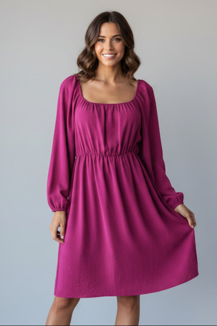 SQUARE NECK PUFF LONG SLEEVE SHIRRING DETAIL MINI DRESS HMED6856