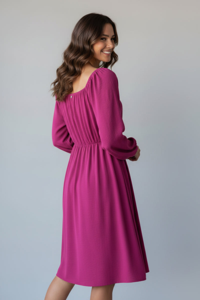SQUARE NECK PUFF LONG SLEEVE SHIRRING DETAIL MINI DRESS HMED6856