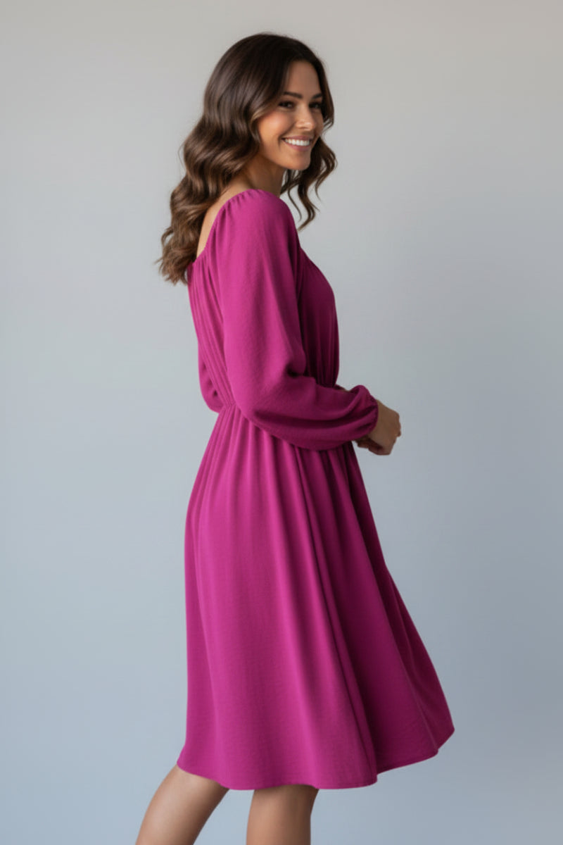 SQUARE NECK PUFF LONG SLEEVE SHIRRING DETAIL MINI DRESS HMED6856