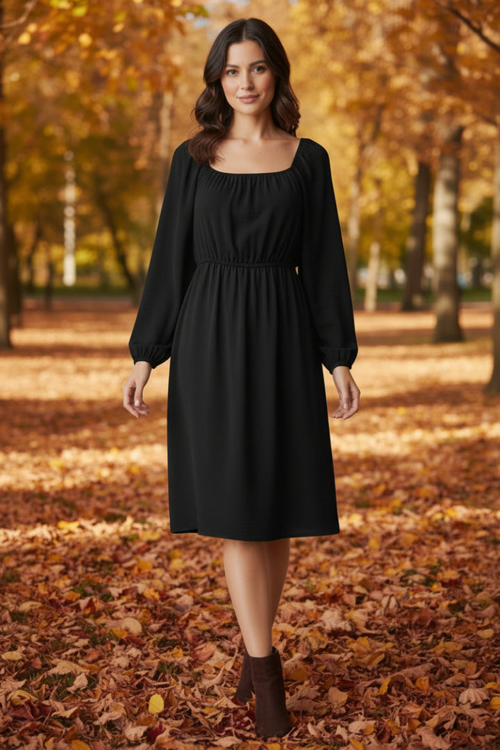SQUARE NECK PUFF LONG SLEEVE SHIRRING DETAIL MINI DRESS HMED6856