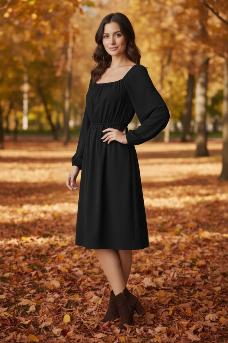 SQUARE NECK PUFF LONG SLEEVE SHIRRING DETAIL MINI DRESS HMED6856