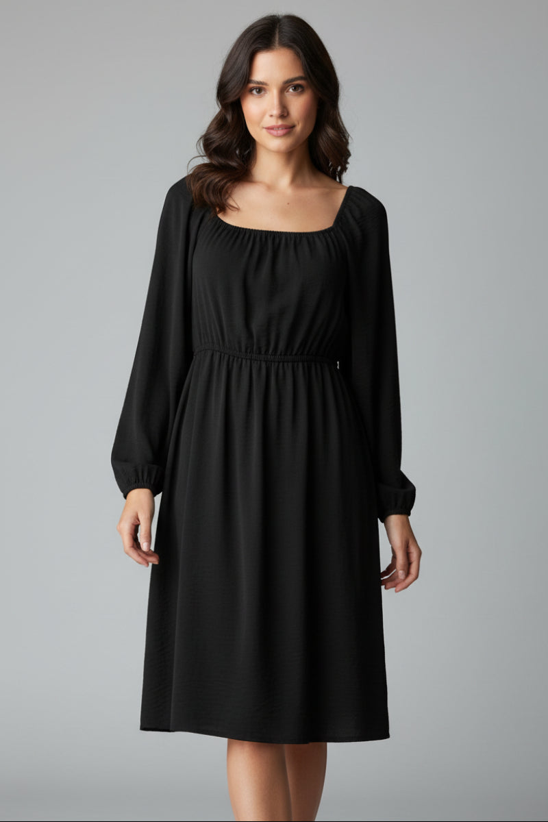 SQUARE NECK PUFF LONG SLEEVE SHIRRING DETAIL MINI DRESS HMED6856