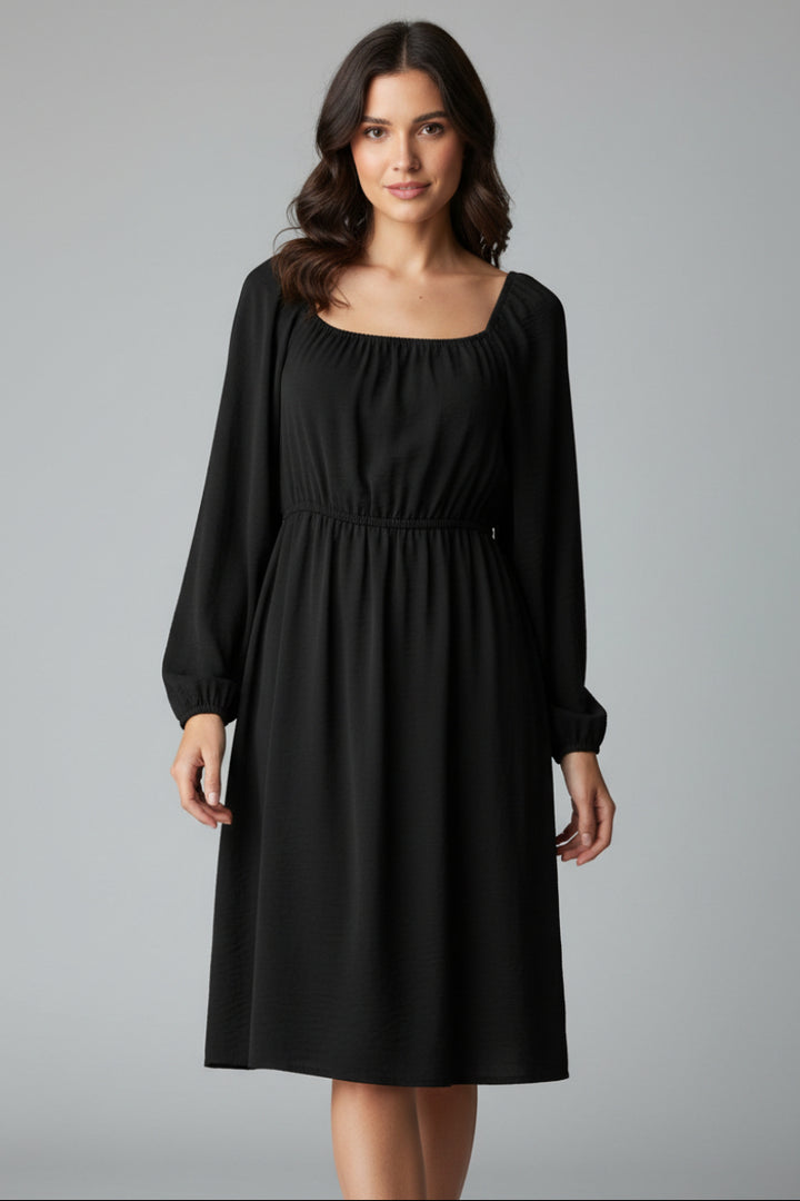 SQUARE NECK PUFF LONG SLEEVE SHIRRING DETAIL MINI DRESS HMED6856