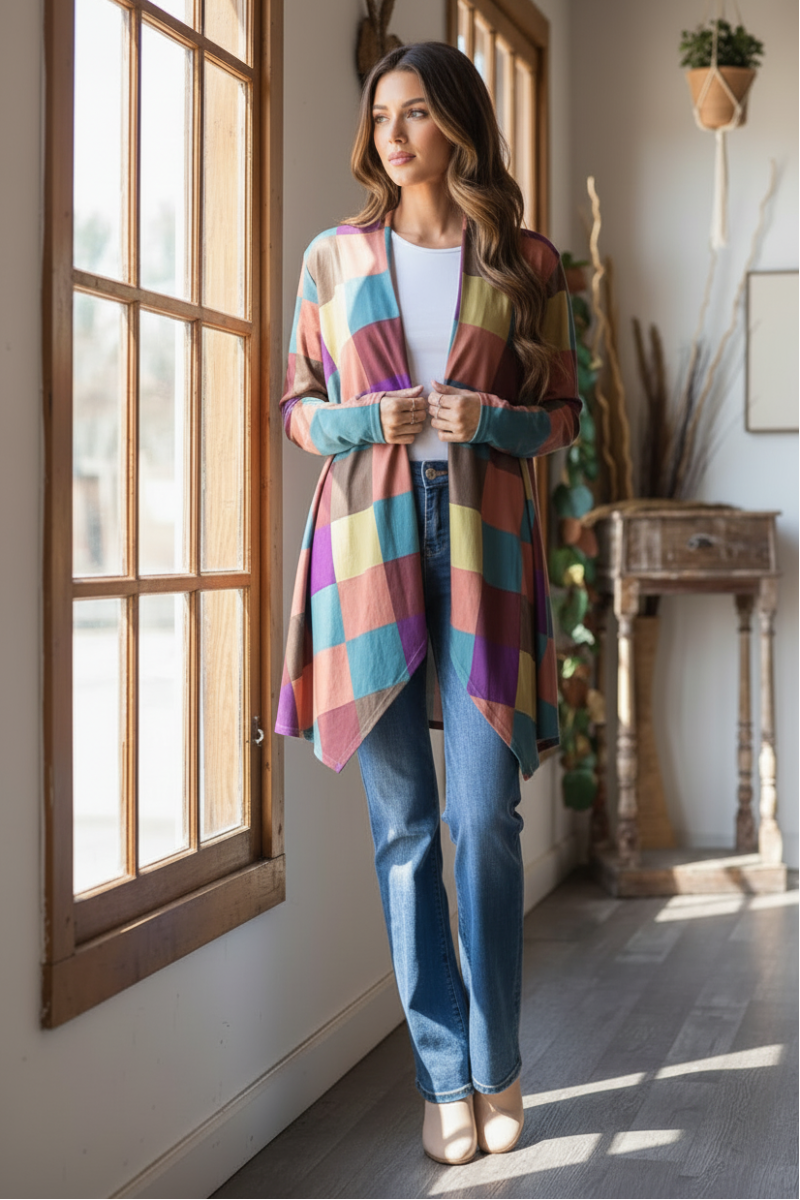 COLOR BLOCK OPEN FRONT WITH POCKET CARDIGAN HMEJ6748
