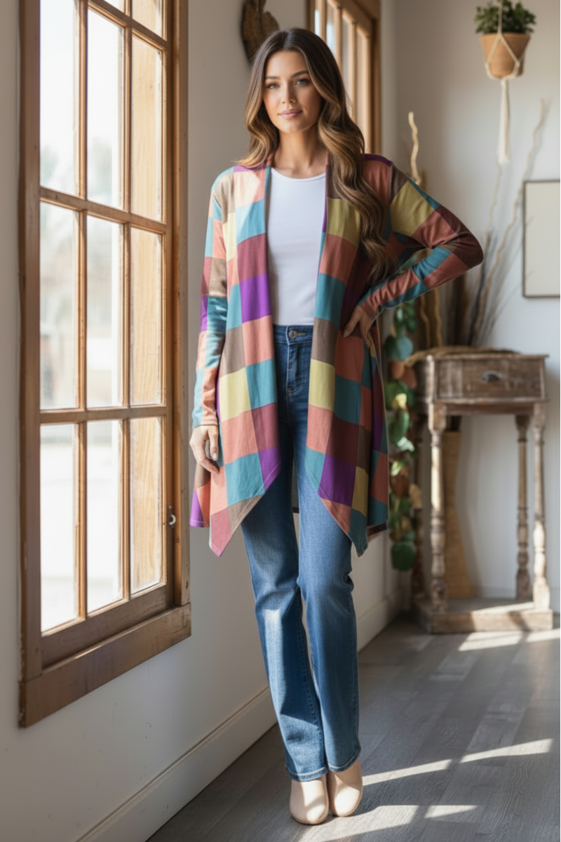 COLOR BLOCK OPEN FRONT WITH POCKET CARDIGAN HMEJ6748