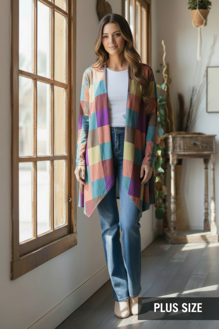 PLUS SIZE COLOR BLOCK OPEN FRONT WITH POCKET CARDIGAN HMEJ6748