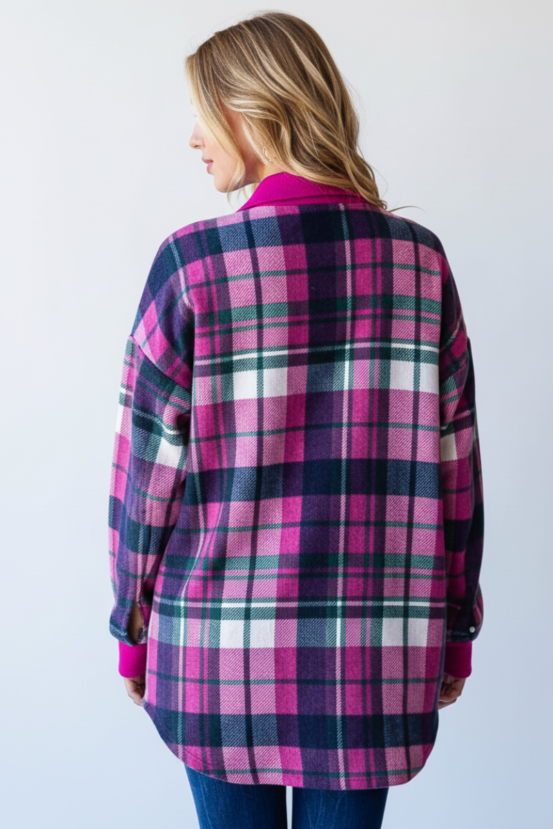 PLUS SIZE PLAID BUTTON DOWN FRONT POCKET SHACKET HMEJ6706