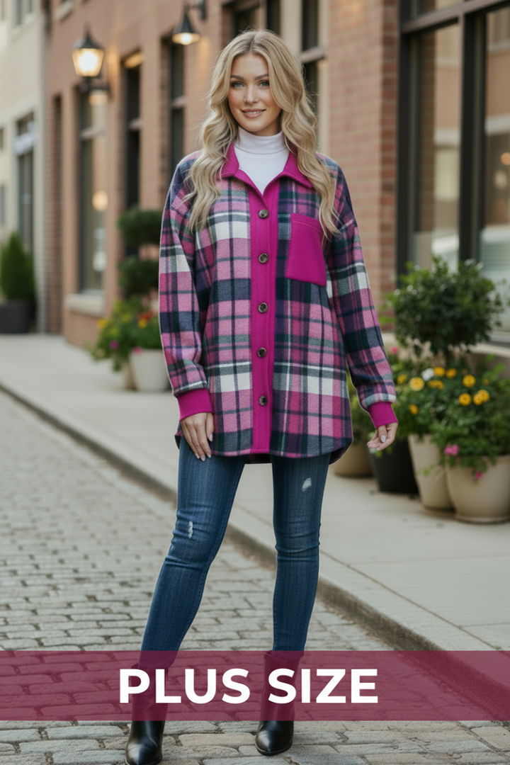 PLUS SIZE PLAID BUTTON DOWN FRONT POCKET SHACKET HMEJ6706