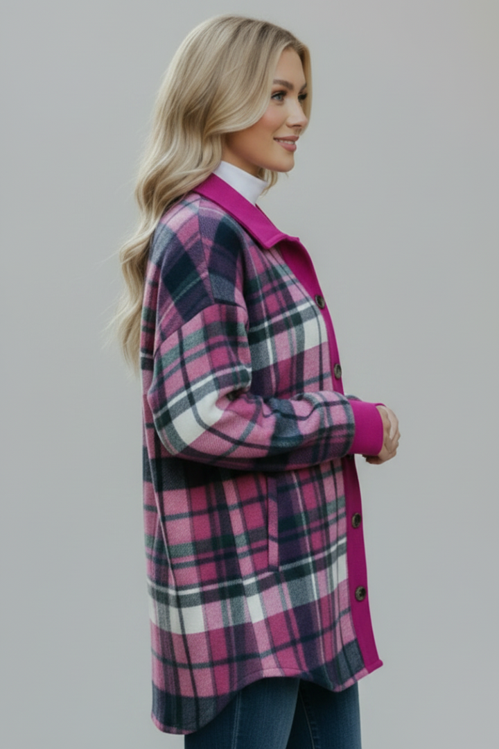 PLUS SIZE PLAID BUTTON DOWN FRONT POCKET SHACKET HMEJ6706