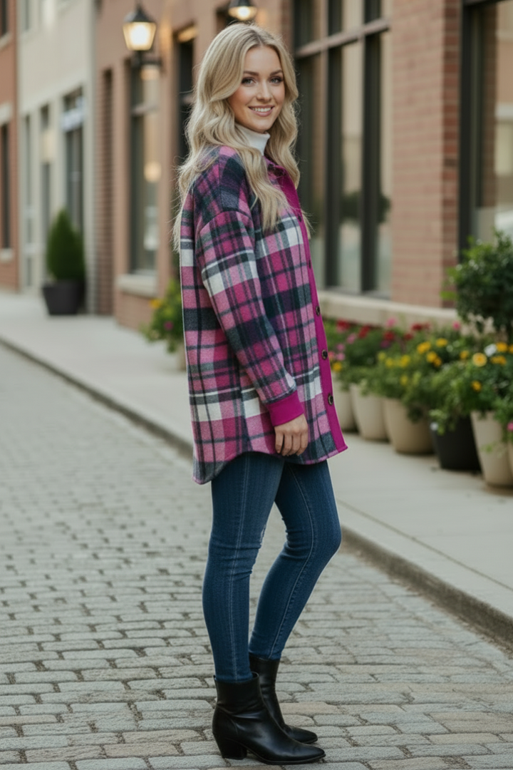 PLUS SIZE PLAID BUTTON DOWN FRONT POCKET SHACKET HMEJ6706