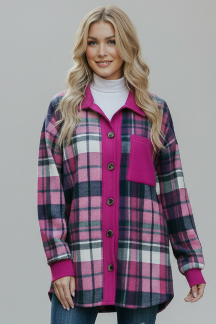 PLUS SIZE PLAID BUTTON DOWN FRONT POCKET SHACKET HMEJ6706