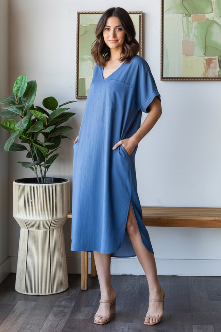 DOLMAN SLEEVES WITH POCKET AND SLIT MIDI DRESS-HMED6875
