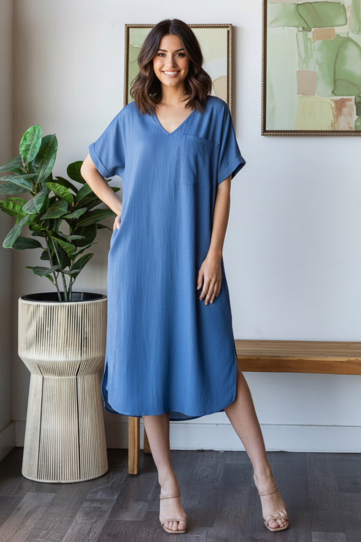 DOLMAN SLEEVES WITH POCKET AND SLIT MIDI DRESS-HMED6875