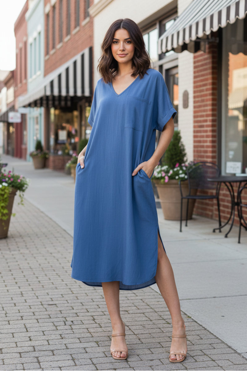 DOLMAN SLEEVES WITH POCKET AND SLIT MIDI DRESS-HMED6875