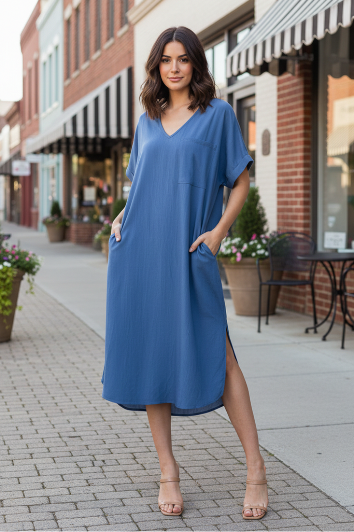 DOLMAN SLEEVES WITH POCKET AND SLIT MIDI DRESS-HMED6875