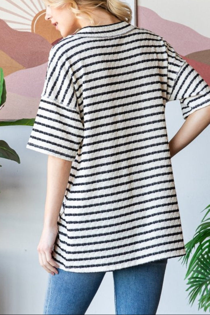 PLUS SIZE V NECK WITH BAND STRIPE PRINT CONTRAST TOP