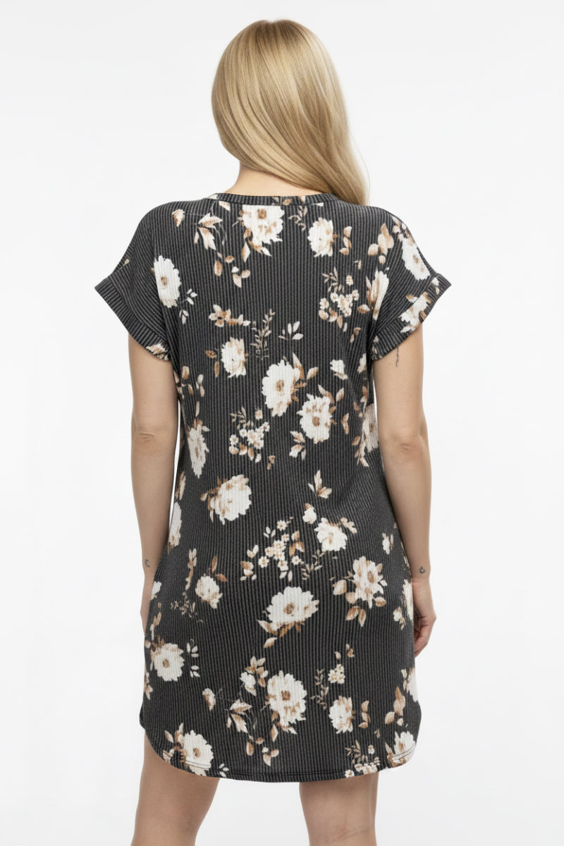FLORAL PRINT ROUND HEM W/POCKETS MINI DRESS-HMED6807