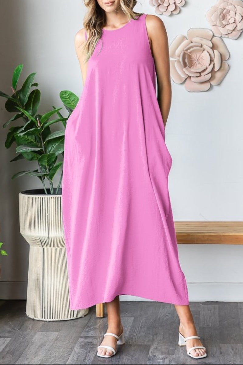 ROUND NECK SOLID AIRFLOW WOVEN MAXI DRESS