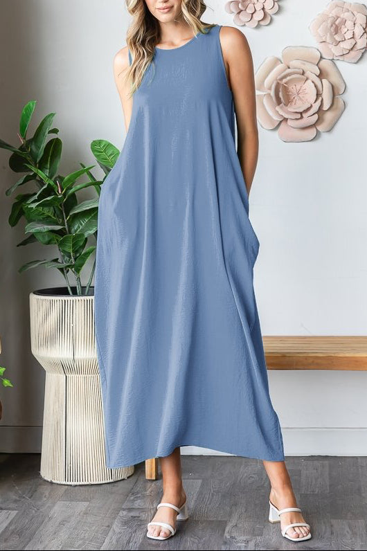 ROUND NECK SOLID AIRFLOW WOVEN MAXI DRESS