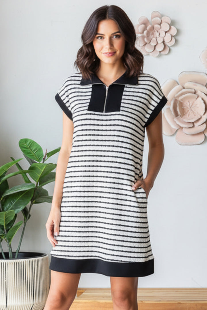 STRIPE JACQUARD ZIPPER UP MINI DRESS HMED6889-10