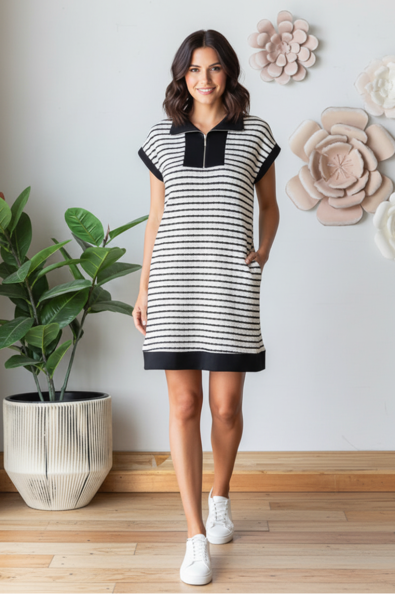STRIPE JACQUARD ZIPPER UP MINI DRESS HMED6889-10