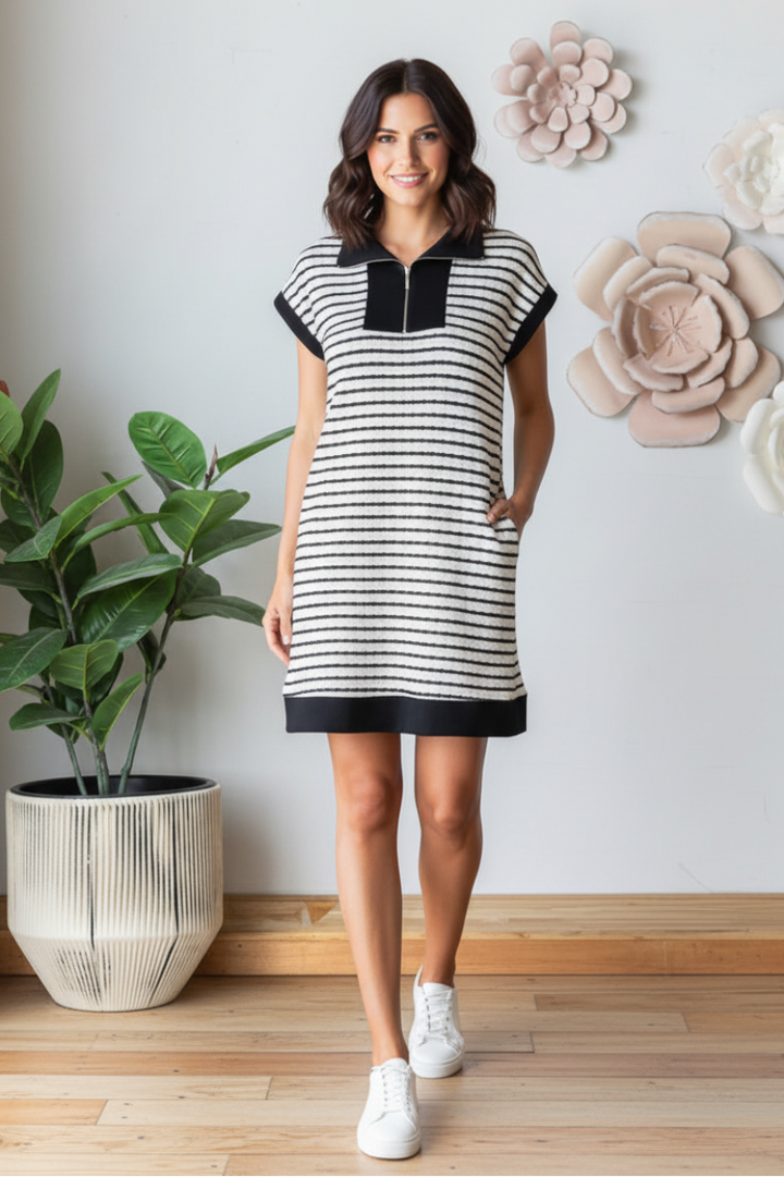STRIPE JACQUARD ZIPPER UP MINI DRESS HMED6889-10
