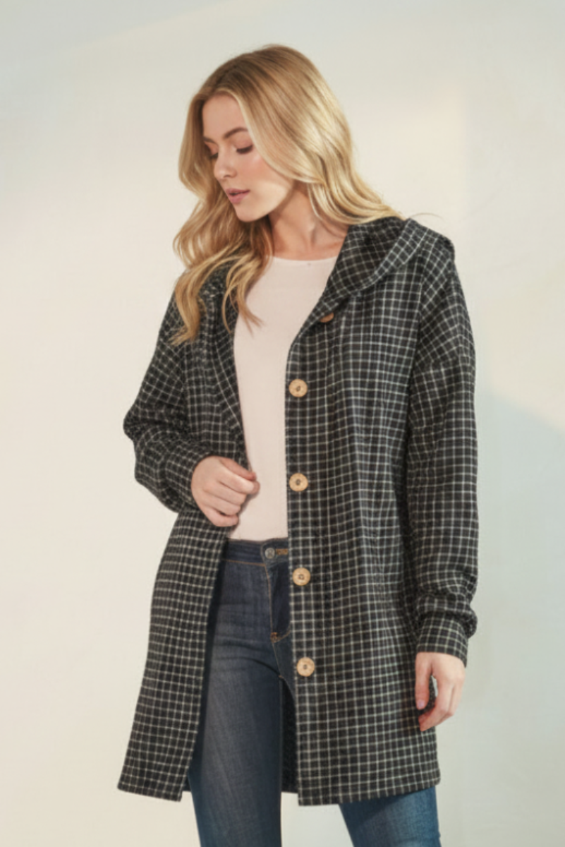 PLAID PUFF SLEEVE BUTTON DOWN HOOD CARDIGAN HMEJ6401