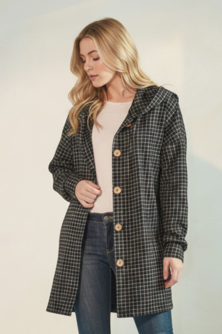 PLAID PUFF SLEEVE BUTTON DOWN HOOD CARDIGAN HMEJ6401