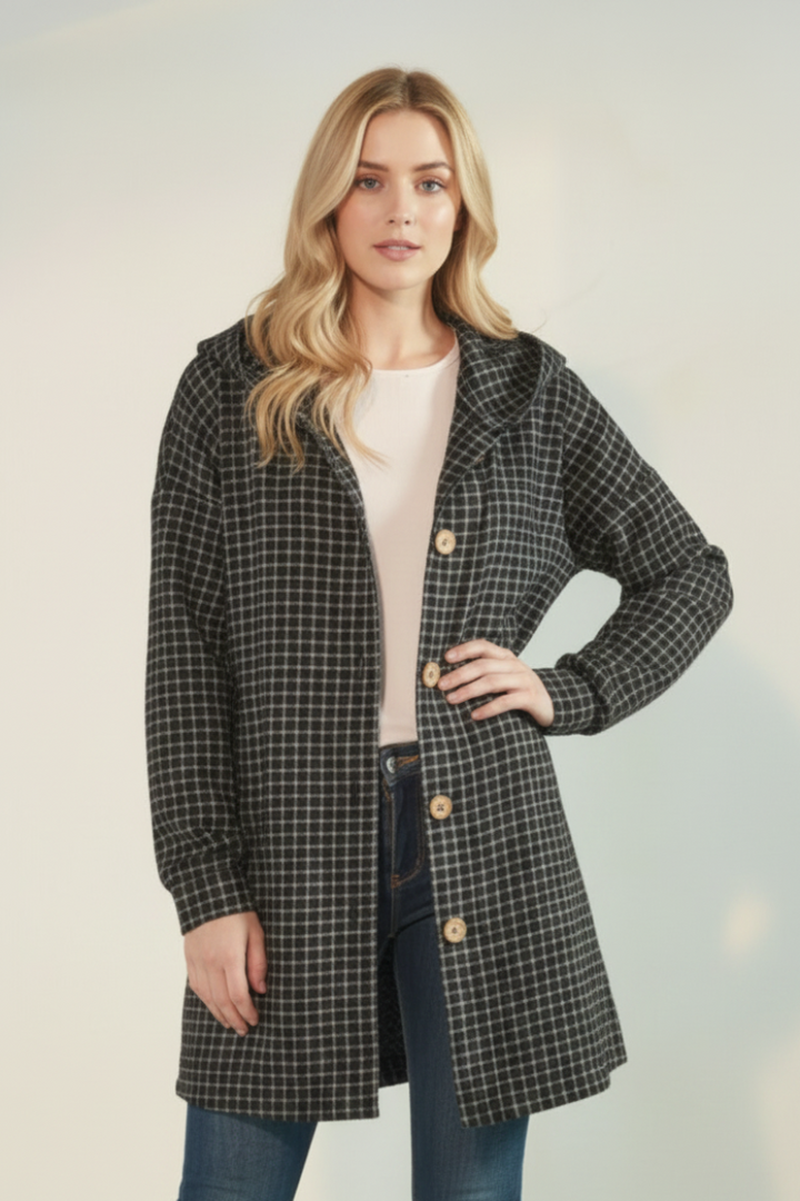 PLAID PUFF SLEEVE BUTTON DOWN HOOD CARDIGAN HMEJ6401