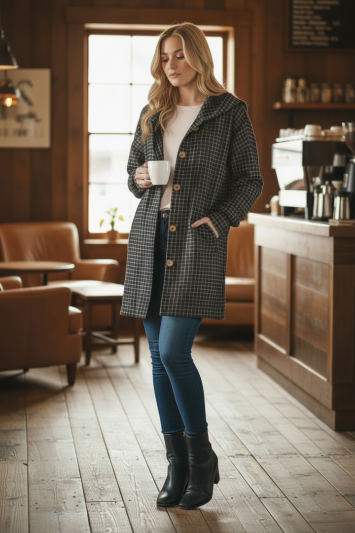PLAID PUFF SLEEVE BUTTON DOWN HOOD CARDIGAN HMEJ6401