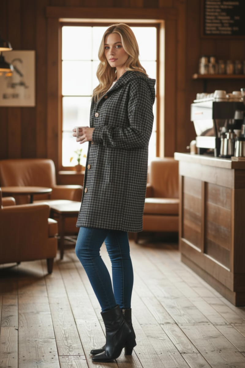 PLAID PUFF SLEEVE BUTTON DOWN HOOD CARDIGAN HMEJ6401