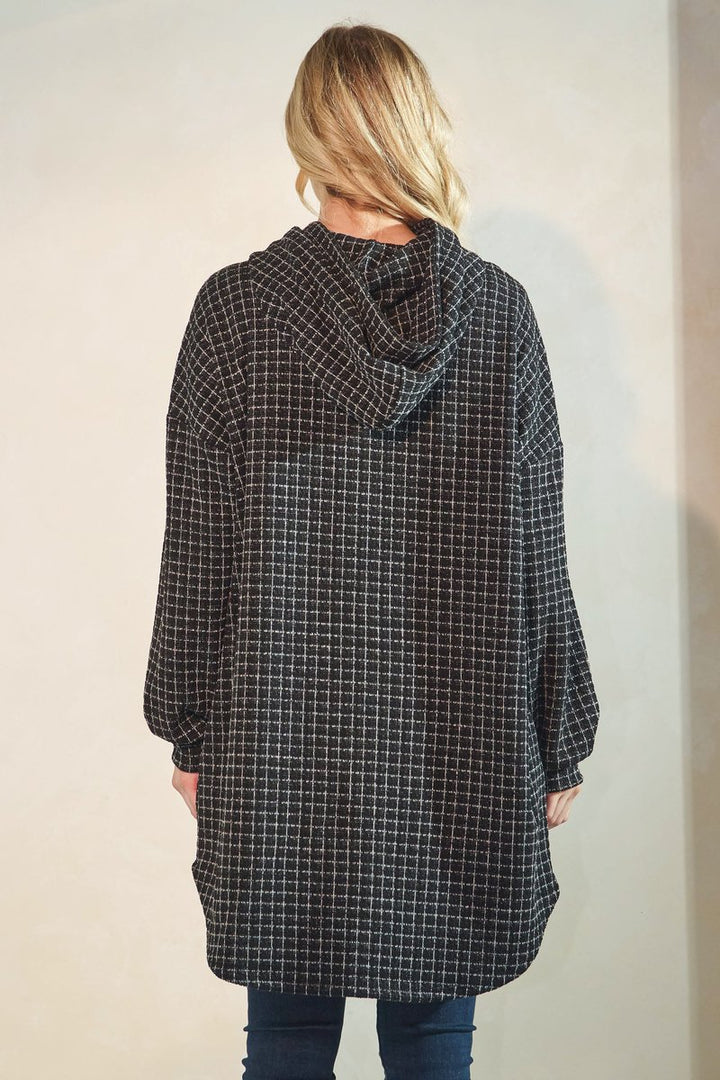 PLAID PUFF SLEEVE BUTTON DOWN HOOD CARDIGAN HMEJ6401