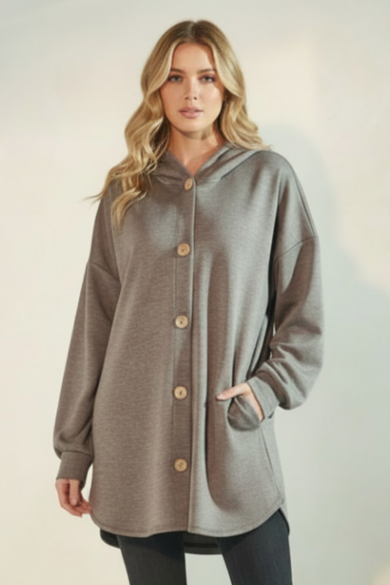 PLUS SIZE MODAL SCUBA BUTTON DOWN HOOD CARDIGAN HMEJ6401