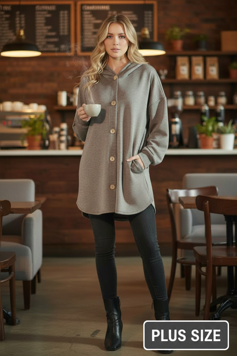 PLUS SIZE MODAL SCUBA BUTTON DOWN HOOD CARDIGAN HMEJ6401