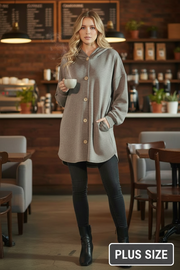 PLUS SIZE MODAL SCUBA BUTTON DOWN HOOD CARDIGAN HMEJ6401