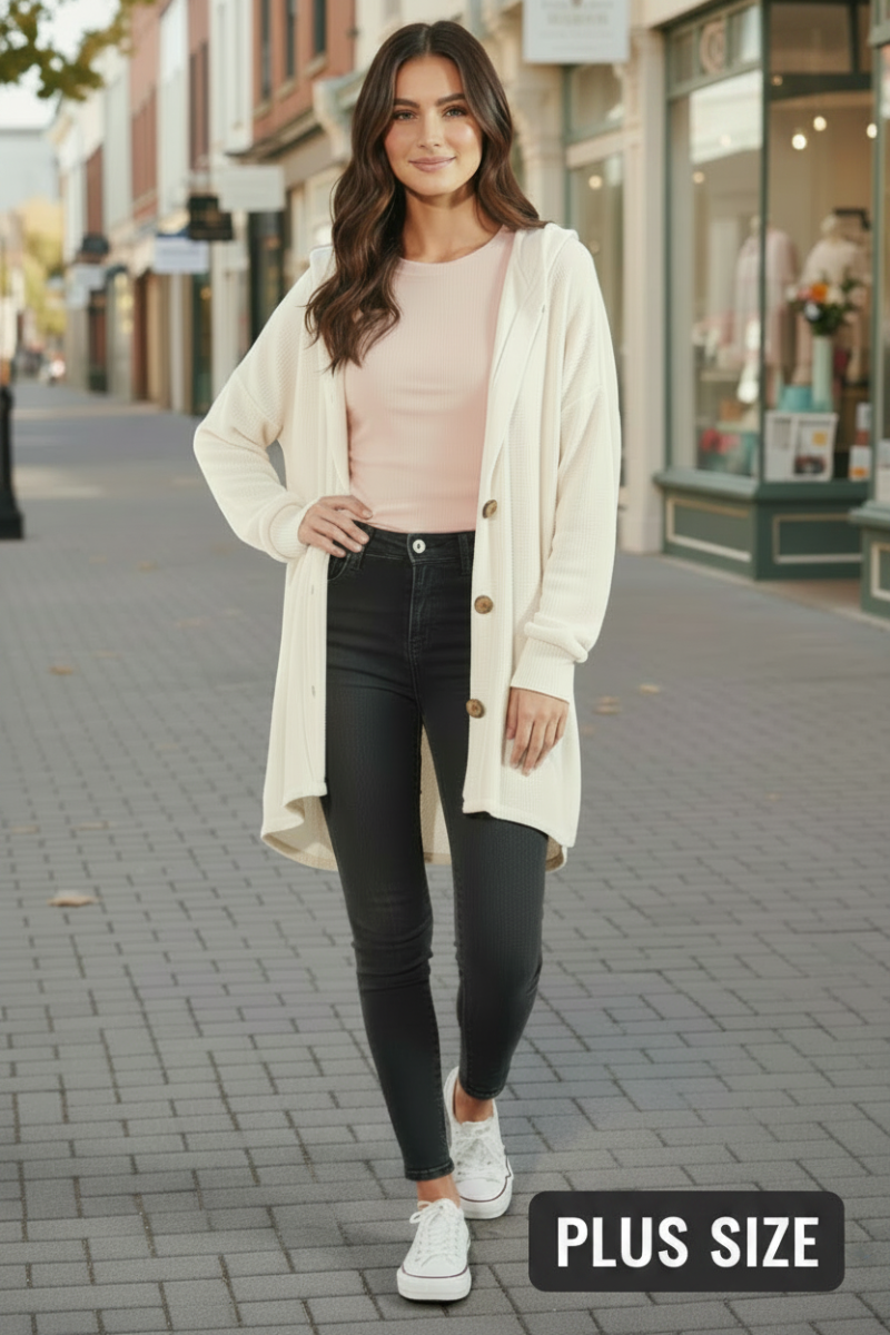PLUS SIZE BUTTON DOWN DOLPHIN HEM CARDIGAN HMEJ6401