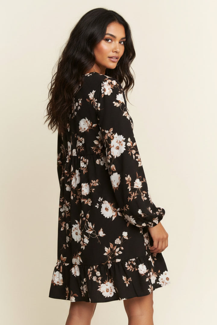 PLUS SIZE LONG PUFF SLEEVE V NECK FLORAL PRINT BABYDOLL MINI DRESS
