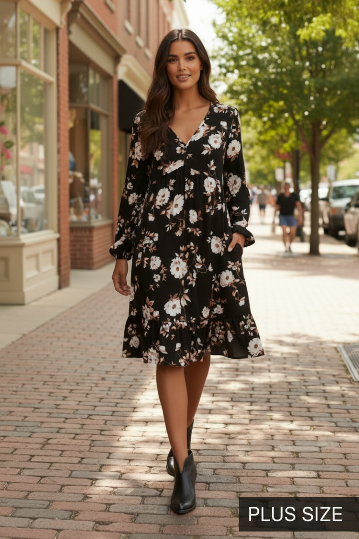 PLUS SIZE LONG PUFF SLEEVE V NECK FLORAL PRINT BABYDOLL MINI DRESS