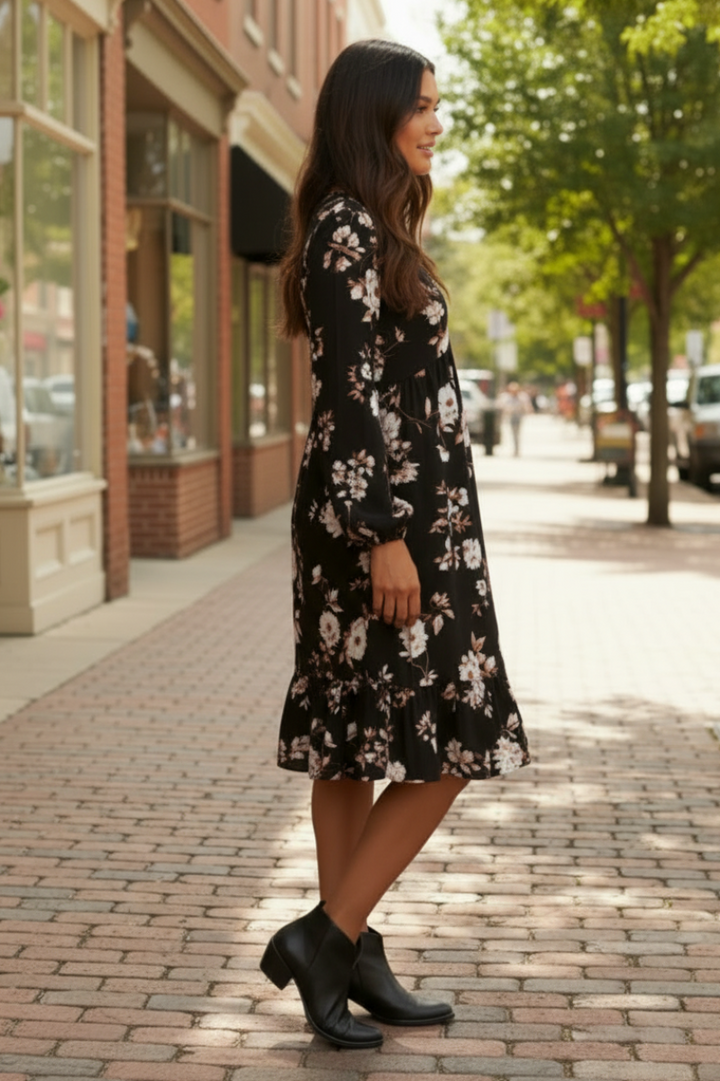 PLUS SIZE LONG PUFF SLEEVE V NECK FLORAL PRINT BABYDOLL MINI DRESS