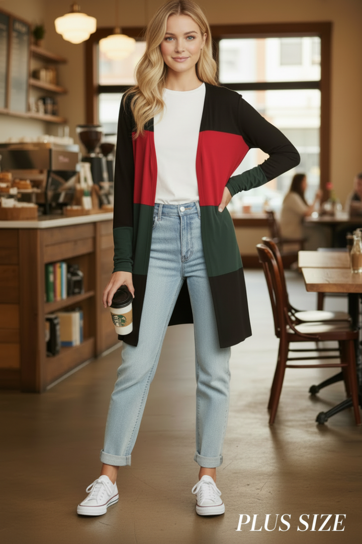 PLUS SIZE COLOR BLOCK OPEN FRONT CARDIGAN HMEJ6773