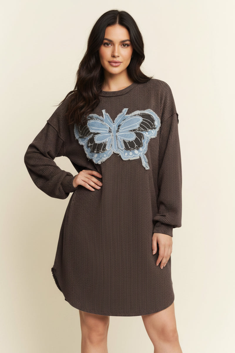 URBAN RIBBED PATCH BUTTERFLY DETAIL MINI DRESS ED6901