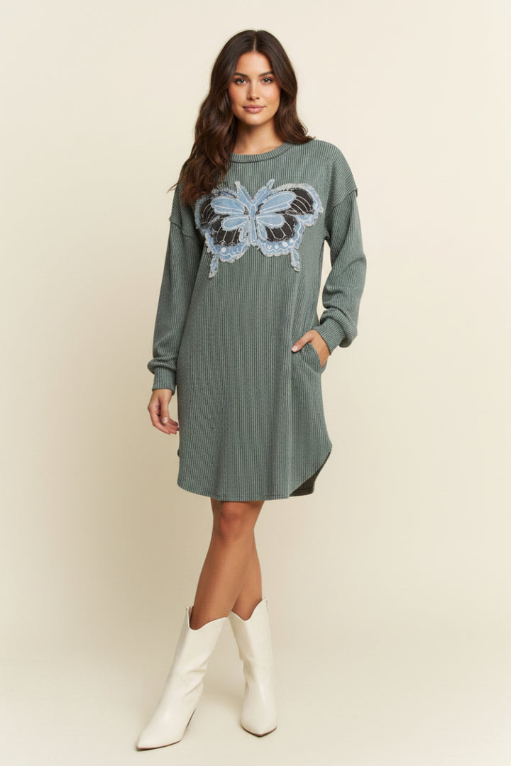 URBAN RIBBED PATCH BUTTERFLY DETAIL MINI DRESS ED6901