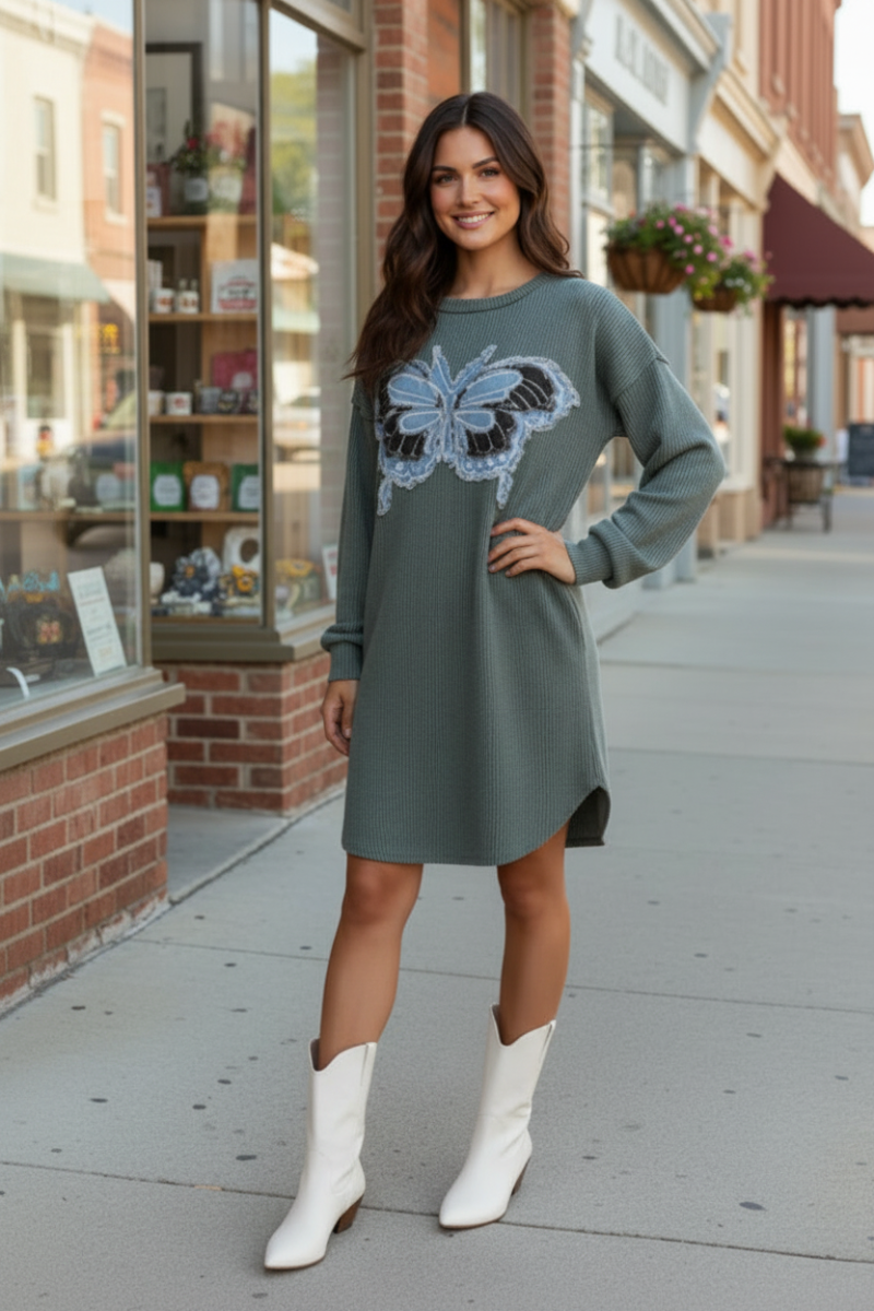 URBAN RIBBED PATCH BUTTERFLY DETAIL MINI DRESS ED6901