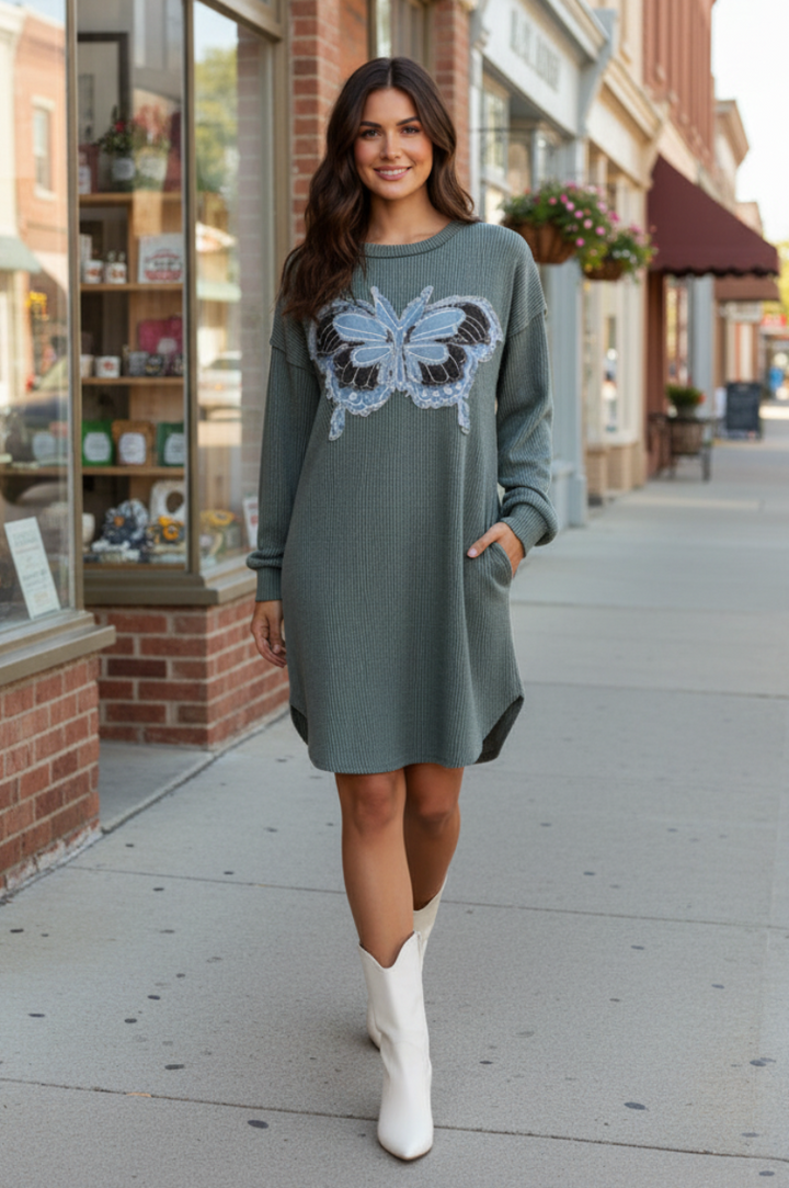 URBAN RIBBED PATCH BUTTERFLY DETAIL MINI DRESS ED6901