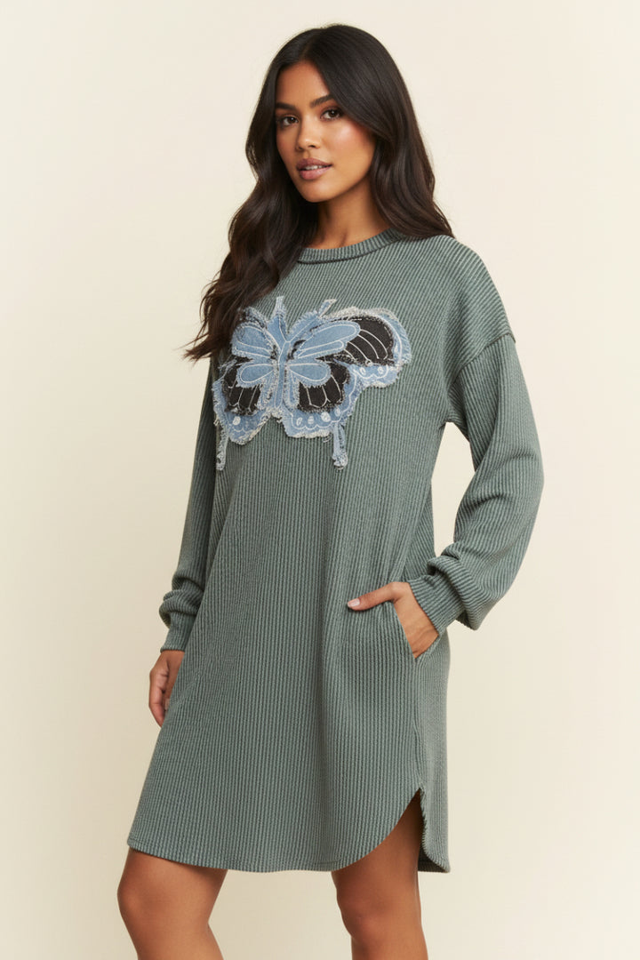 URBAN RIBBED PATCH BUTTERFLY DETAIL MINI DRESS ED6901
