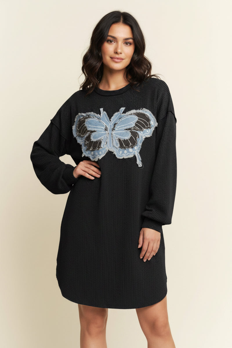 URBAN RIBBED PATCH BUTTERFLY DETAIL MINI DRESS ED6901